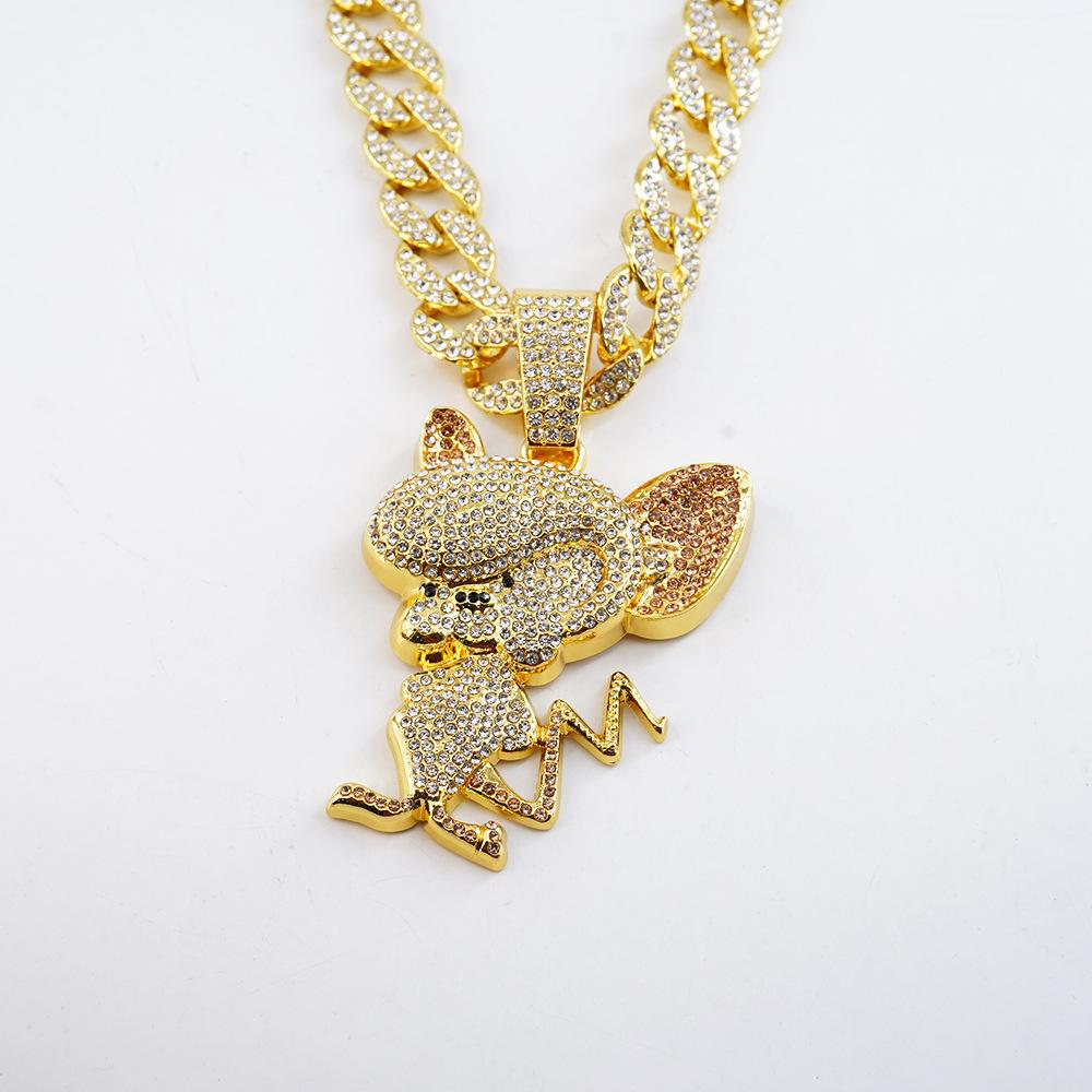 Cartoon Animal Mouse Full Diamond Three-dimensional Pendant Cuban Necklace, European and American Fashion Versatile Men's and Women's Accessories