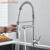 Brushed Nickel Brass Pulling Kitchen Sink Faucets Dual Outlet Water-Cold Hot Washing Basin Tap Deck Mounted Spring Mixer Taps