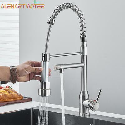 Brushed Nickel Brass Pulling Kitchen Sink Faucets Dual Outlet Water-Cold Hot Washing Basin Tap Deck Mounted Spring Mixer Taps