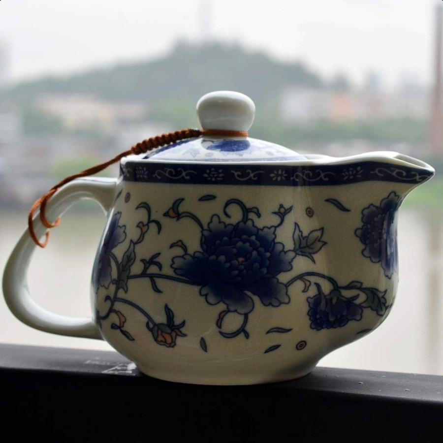 Teapot 500ml Blue White Peony Flower Porcelain Kettle Stainless Infuser Mudan Flower 500ml