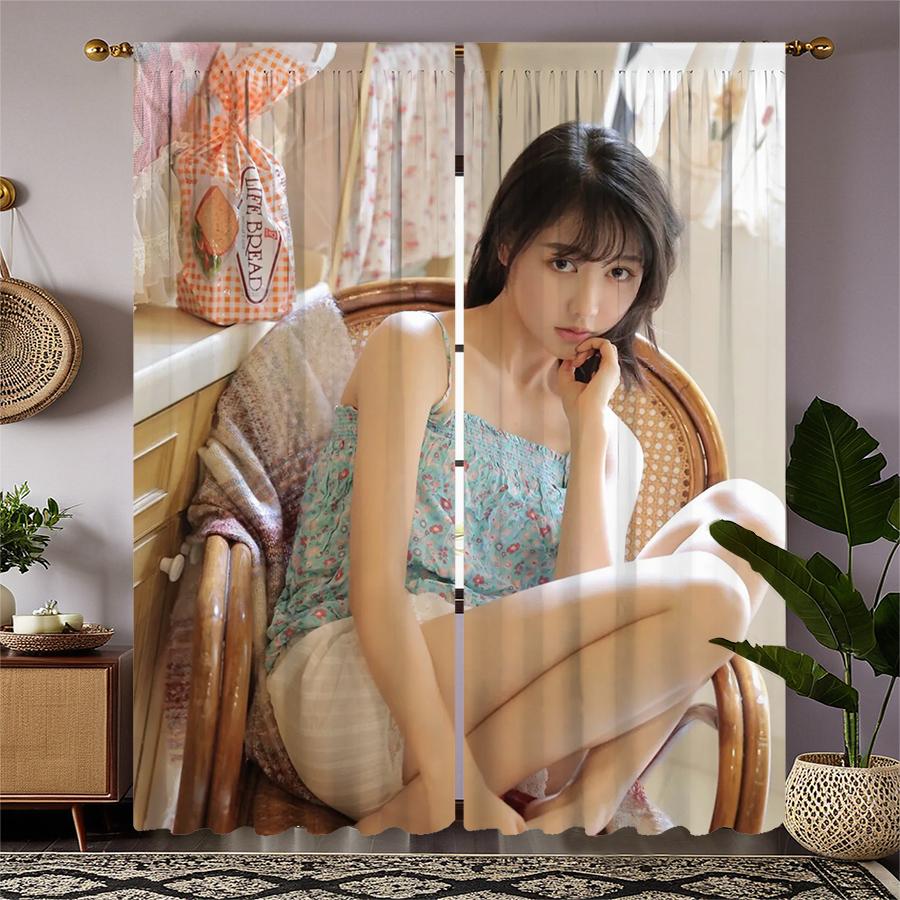 2 Pieces of Pure and Innocent Beauty Model Printed Curtains, Pole Bag Home Decoration, Room Decoration