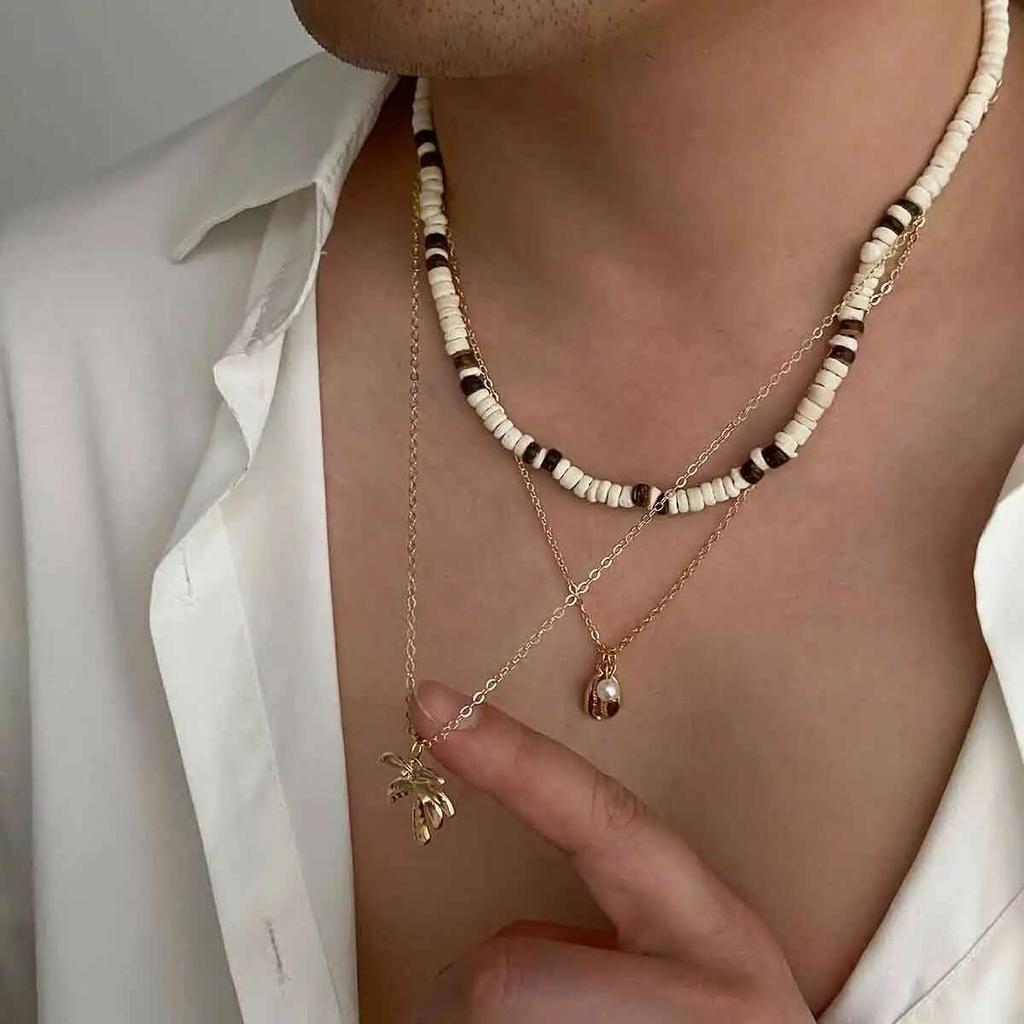 KunJoe 3Pcs Vintage Wooden Beads Chain Choker Necklace for Men Scallop Coconut Tree Pendant Necklace Male Jewelry on the Neck
