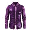 Men Long Sleeve Gold Foil Sequins Turn Down Collar Casual Dance Club Shirt