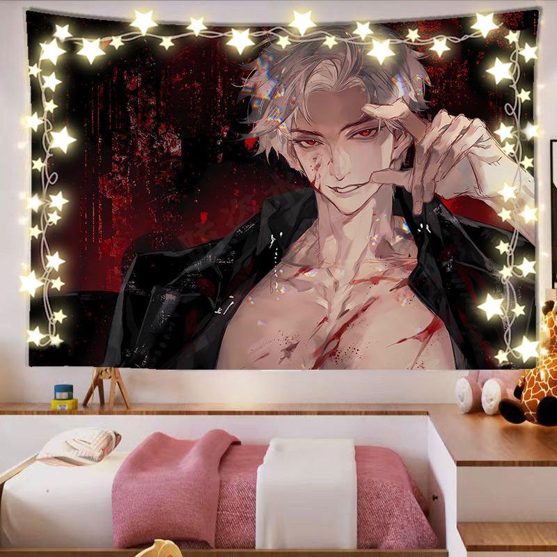 Dark Anime Man Tapestry Wall Hanging Silver Hair Blood Bandages Red Background Aesthetic Wall Art Dorm Decor