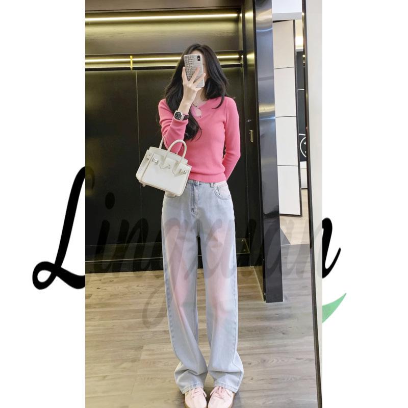 

Korean Style High Waist Gradient Blush Denim Jeans - Women s Straight, Wide Leg, Slimming Fit M