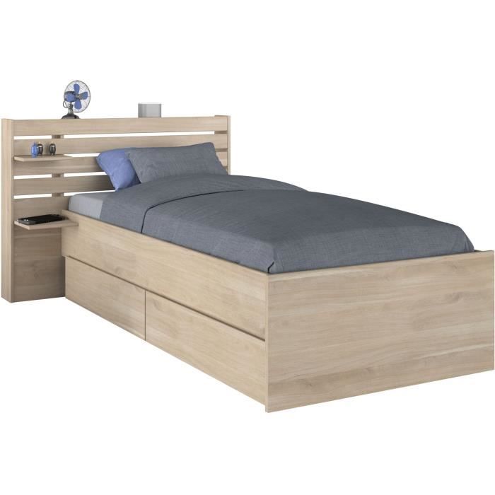 Kinderbett ESCALE 90x190/200 cm - Eichen-Dekor - Kopfteil + 2 Schubladen - B121,5 x H88,6 x T216,8 cm