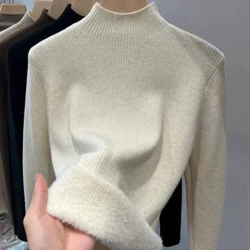 Winter Half High Collar Plush Knitted Sweater For Women Fashion 2024 Office-lady Pullover Sweaters Slim Fit Casual Warm Velvet Knitwear Clothes 30068