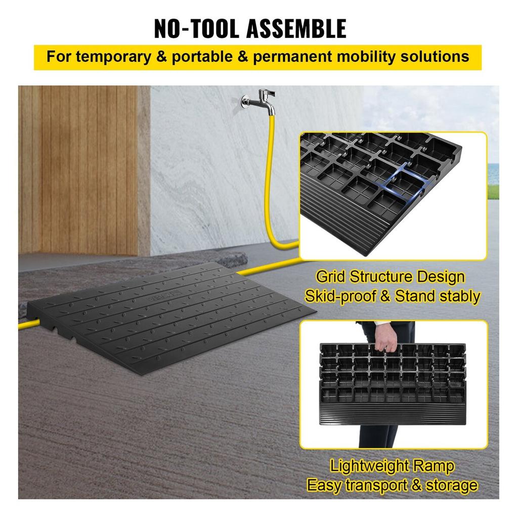 Rubber Threshold Ramp, 3" Rise Threshold Ramp Doorway, 3 Channels Cord Cover Rubber Solid Threshold Ramp, Rubber Angled Entry Rated 2200 Lbs Load