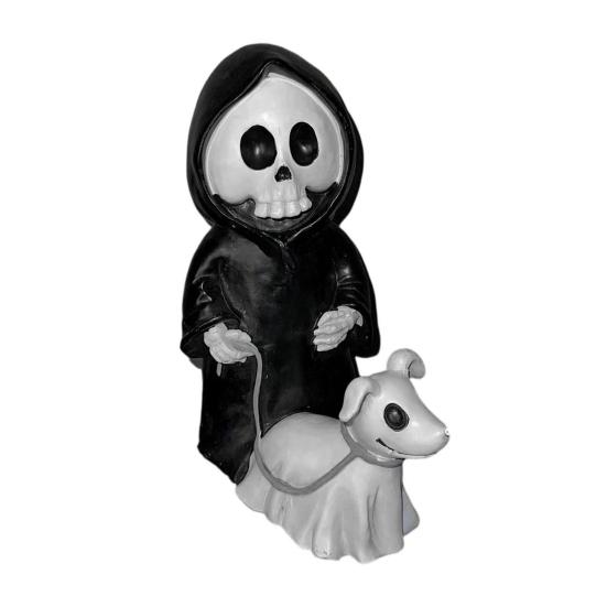 Halloween Ornament Skull Grim Reaper Walking Dog Figurine Decorative Skeleton Statue Courtyard Balcony Garden Sculpture