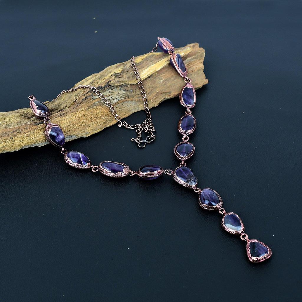Amethyst Necklace Gemstone Jewelry, Copper Electroformed Adjustable Chain Necklace, Gift For Women Handmade Necklace