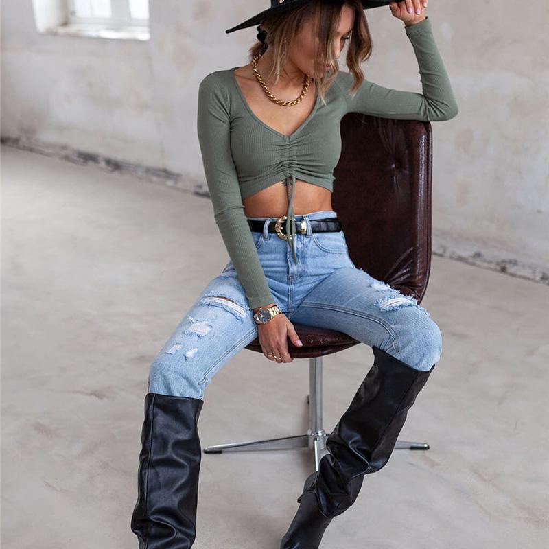 Women Spring Summer Long Sleeve V Neck Solid Color Drawstring Bare Midriff T Shirt