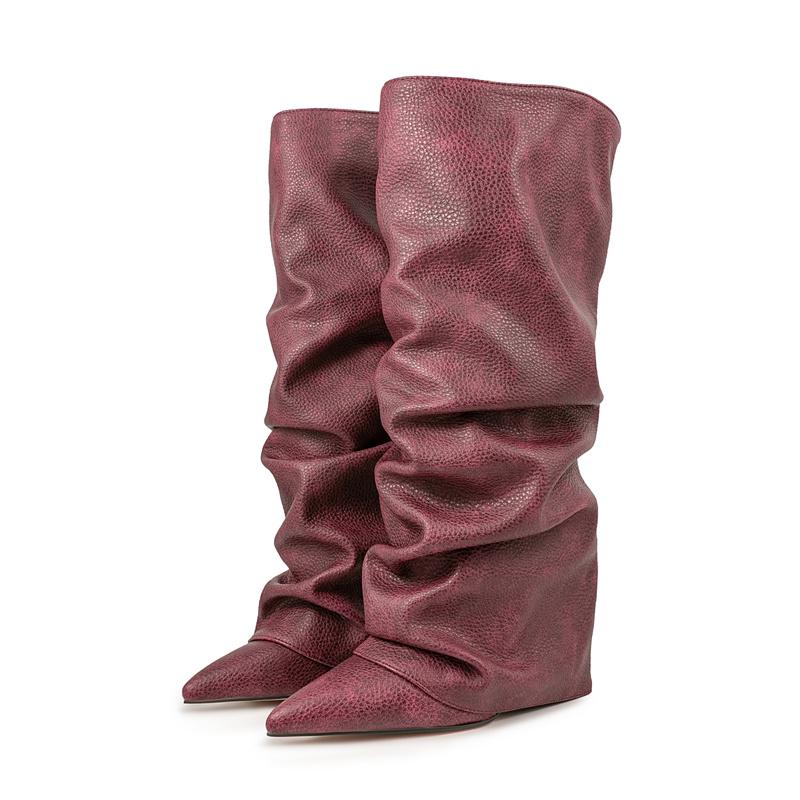 Krokodilmuster Damen High Boots Spitzschuh Leopardenmuster Keilschuhe Retro Schlupf-Muster Ärmel Kniehoch Plissee Stiefel