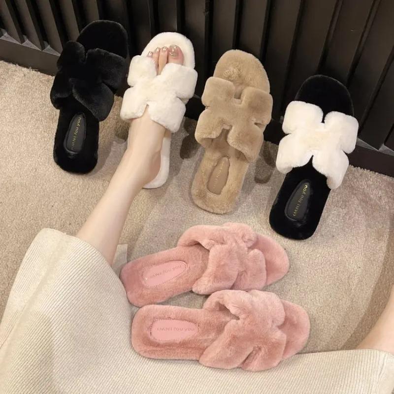 Fashion Lamb Fur Slippers Women's Casual Soft Bottom Slip-On Shoes Autumn Winter New Style Fashionable Rubber Slipper Comfortable Lazy