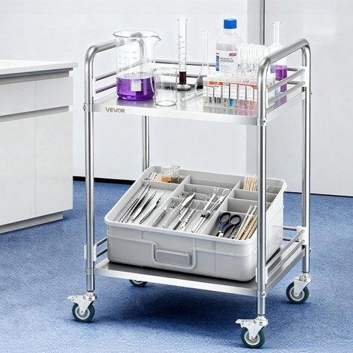 VEVOR Stainless Steel Cart, 2-Tier Rolling Lab Utility Cart with Lockable Wheels, Medical Serving Trolley Clinic Tray