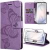 Case for Samsung Galaxy S26, Anti-Scratch Leather Effect Purple Butterfly Pattern - 2 Tempered Glasses