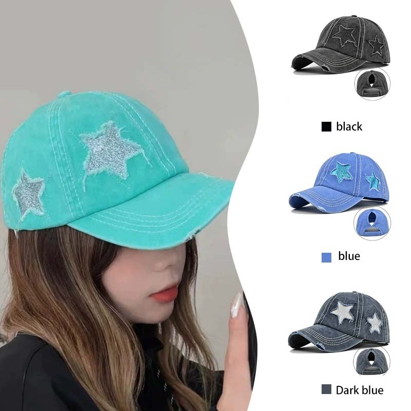 Women Ponytail Baseball Cap Washed Cotton Sun Hat Female Pentagram Sequins Hip Hop Snapback Hats Adjustable Sport Golf Hat Gorra