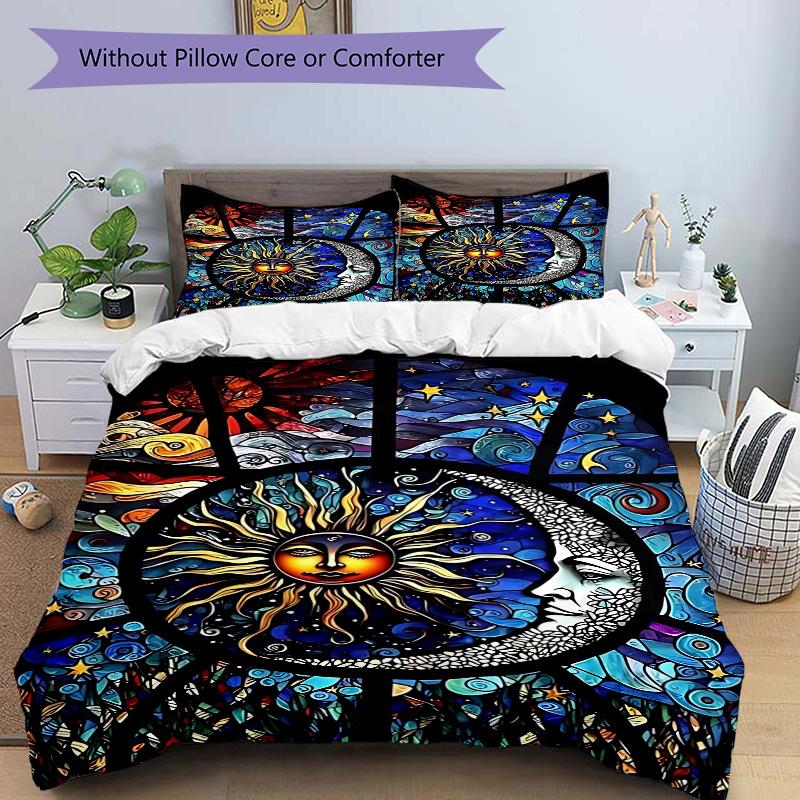 3pcs Anime Cartoon Design Stained Glass Window Panel, Includes One Quilt Cover and Two Pillowcases (No Core), Festive Gift