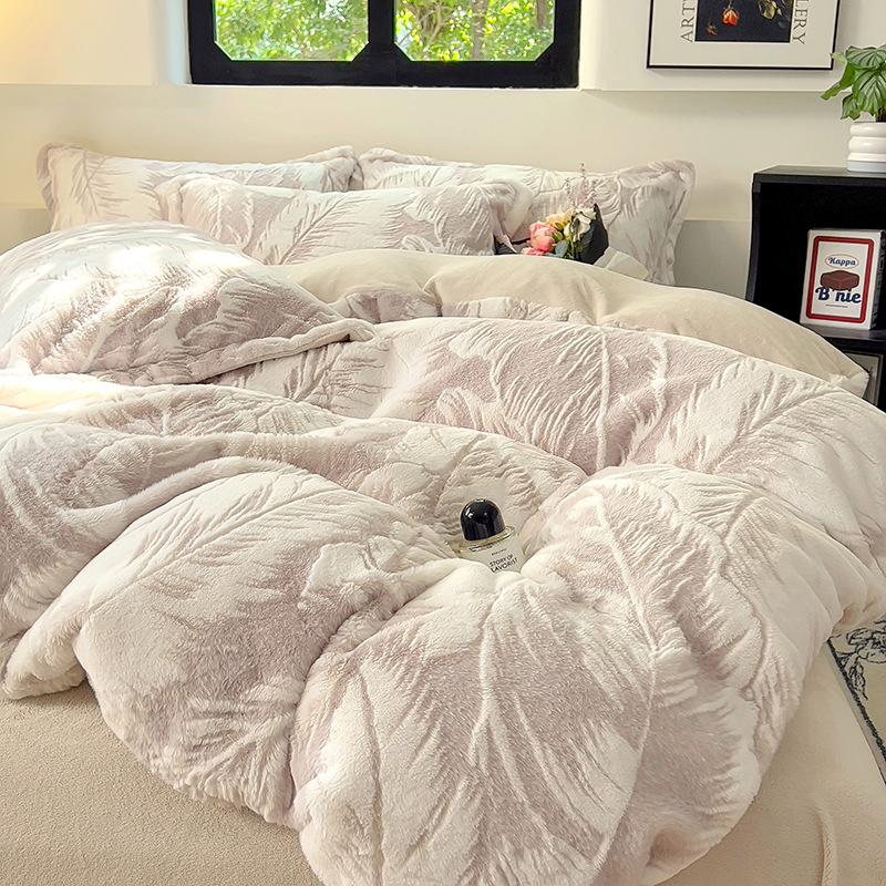 3D Three-Dimensional Thickened Rabbit Hair Carved Fleece Milk Fleece Four-Piece Single Quilt Cover
