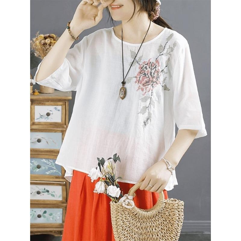Literary Embroidery Retro Cotton Linen Summer Short Sleeve New T-shirt Loose Round Neck Pullover Top
