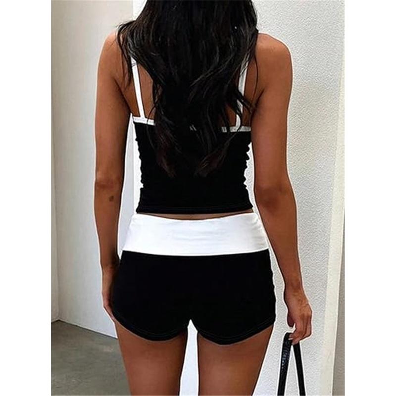 Women Casual 2 Piece Short Clothes Suits Slim Fit Streetwear Fashion Sleeveless Camisole Fold-Over Micro Shorts Set Outfits