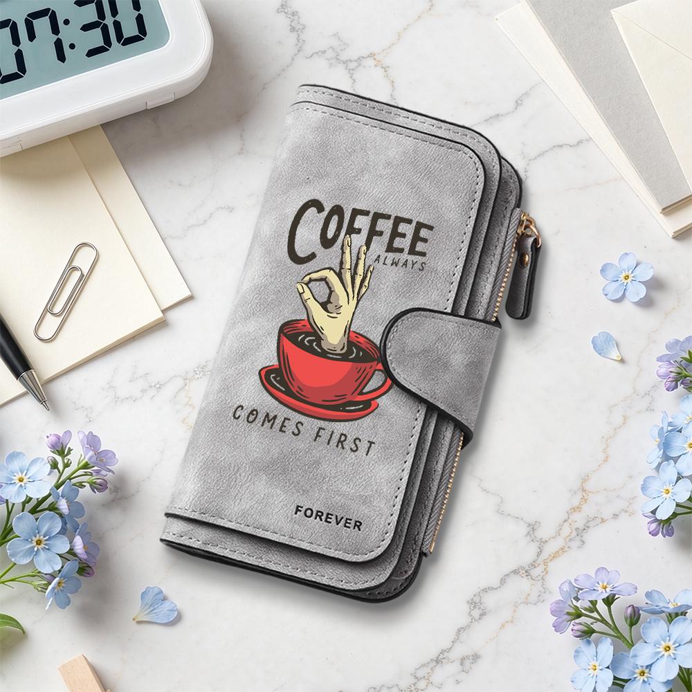 Coffee Pattern Long Wallet Portable Stylish Card Case Casual Daily Coin Purse