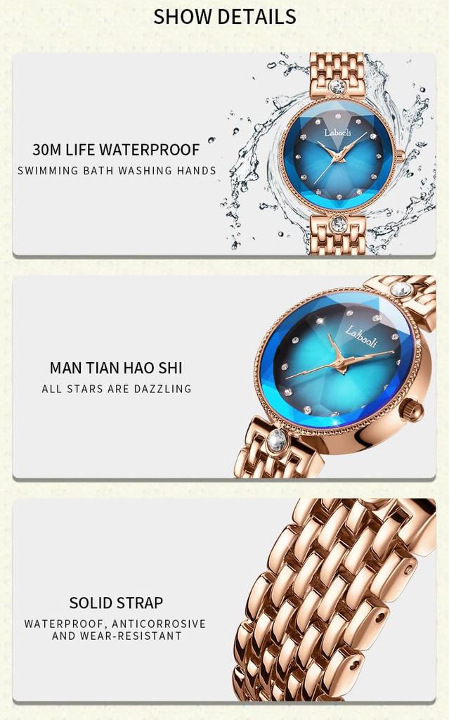 Stainless Steel Wristwatch for Perfect for Business or a Gift for Available In Rose Gold and Stylish, Cute, Waterproof, Women, Her. Blue.