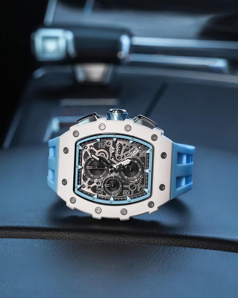 TSAR BOMBA Men's Skeleton Automatic Watch Ceramic Case Japanese Movement Tonneau Silicone Band 50M Water Resistant Luminous Luxury Business Fashion