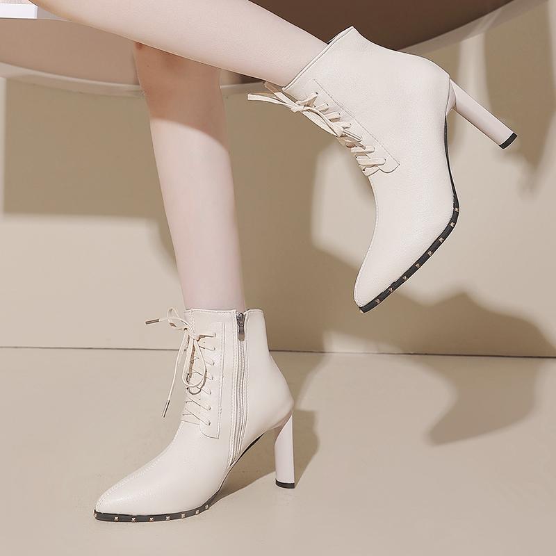 Fashion Naked Boots Winter New Pointed Toe Front Lace-Up Side Zipper Anti-Slip Wear-Resistant High Heels