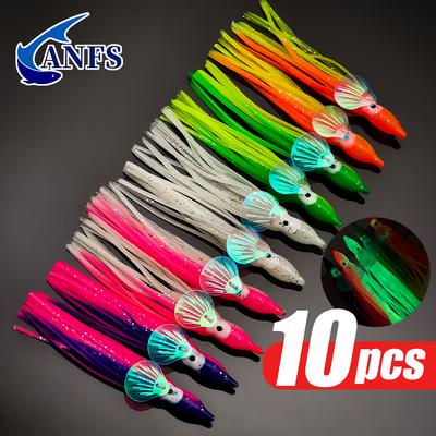 10pcs Glow-in-the-Dark Squid Skirt Fishing Lures, Soft Rubber Octopus Skirts ,Trolling Bait – Perfect for Night Fishing