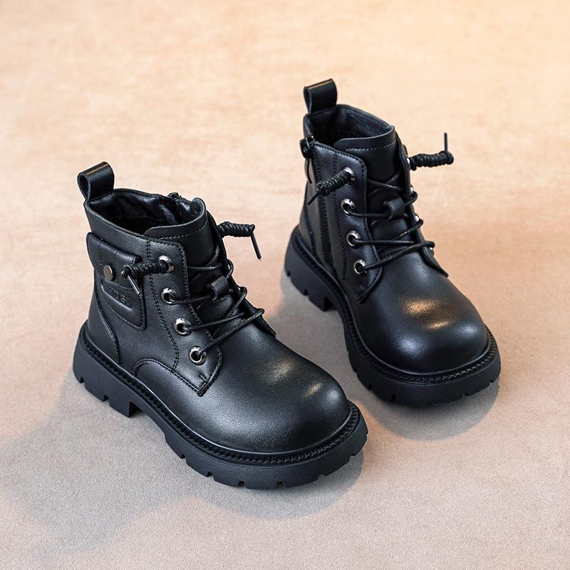 Boys' Black British-Style Leather Boots - Short, Dr. Martens-Inspired, Soft Sole, for Autumn/Winter
