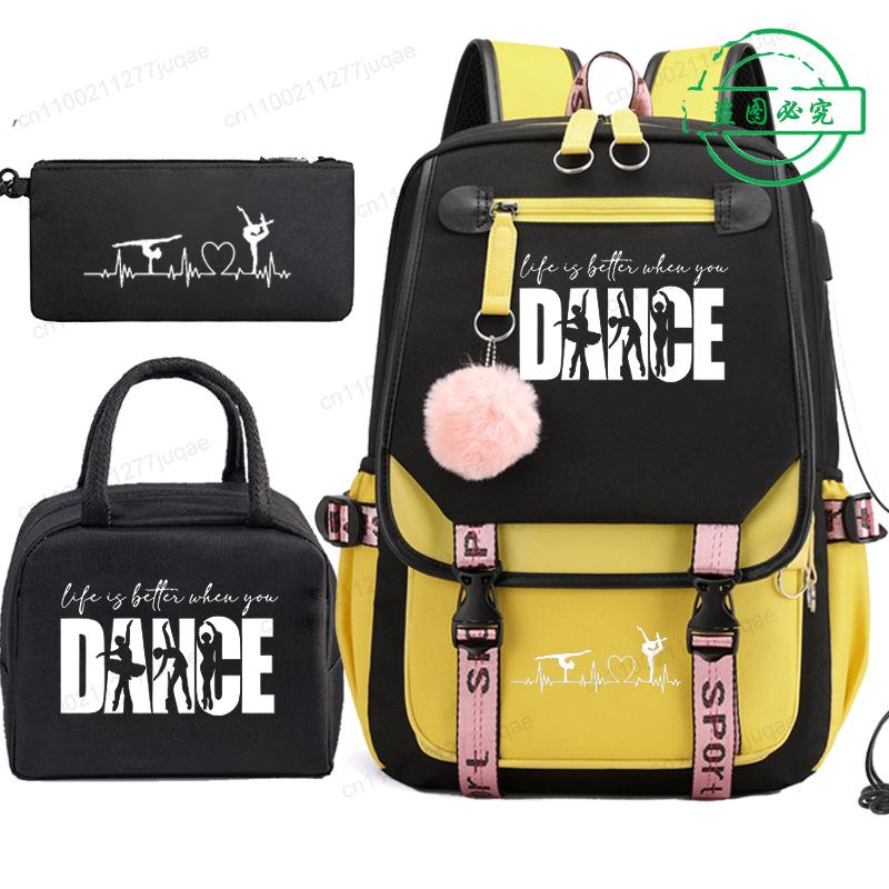 3pcs Dance Life Print Backpack Lunch Bag Pencil Case Set Student Dancing Dancer Fashion Schoolbag Pen Case Bento Pouch Suit Gift