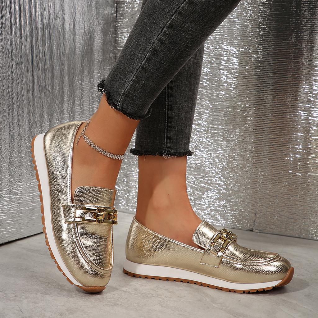 Fashion Women's Chain Decor Platform Loafers Fashion Gold Silver PU Leather Flats Shoes Woman Lightweight Slip On Casual Shoes Plus Size