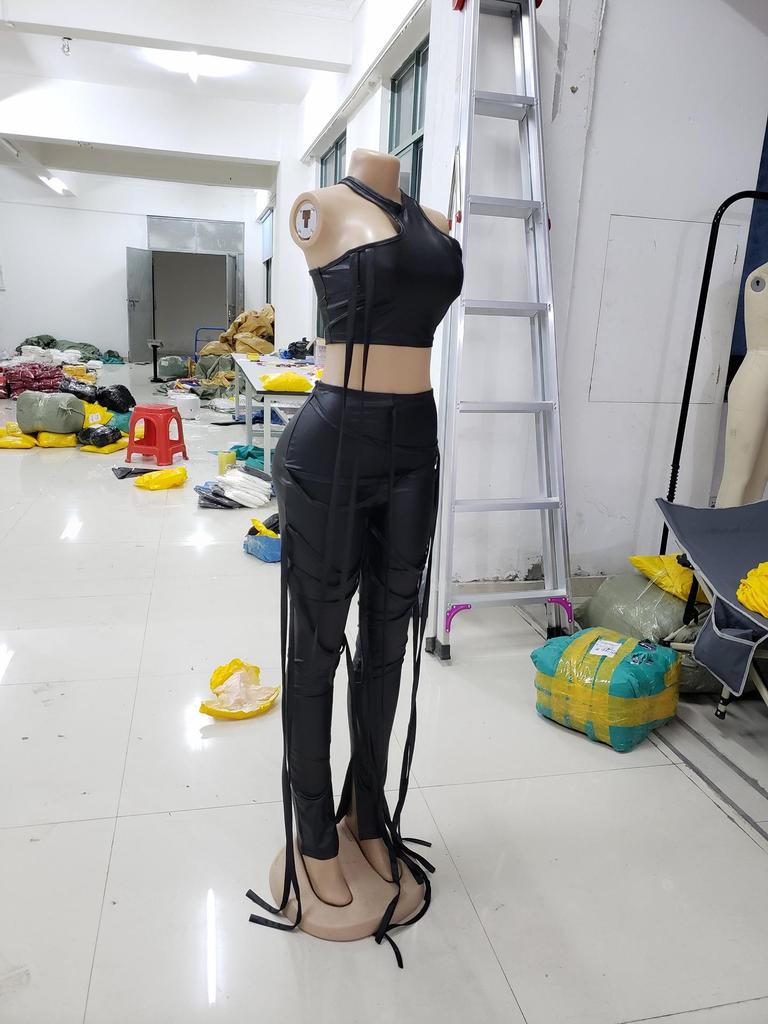 AL154 Women's Sexy Two-Piece Set: Strappy Tank Top & Faux Leather Pants for Nightclub Summer Wear.