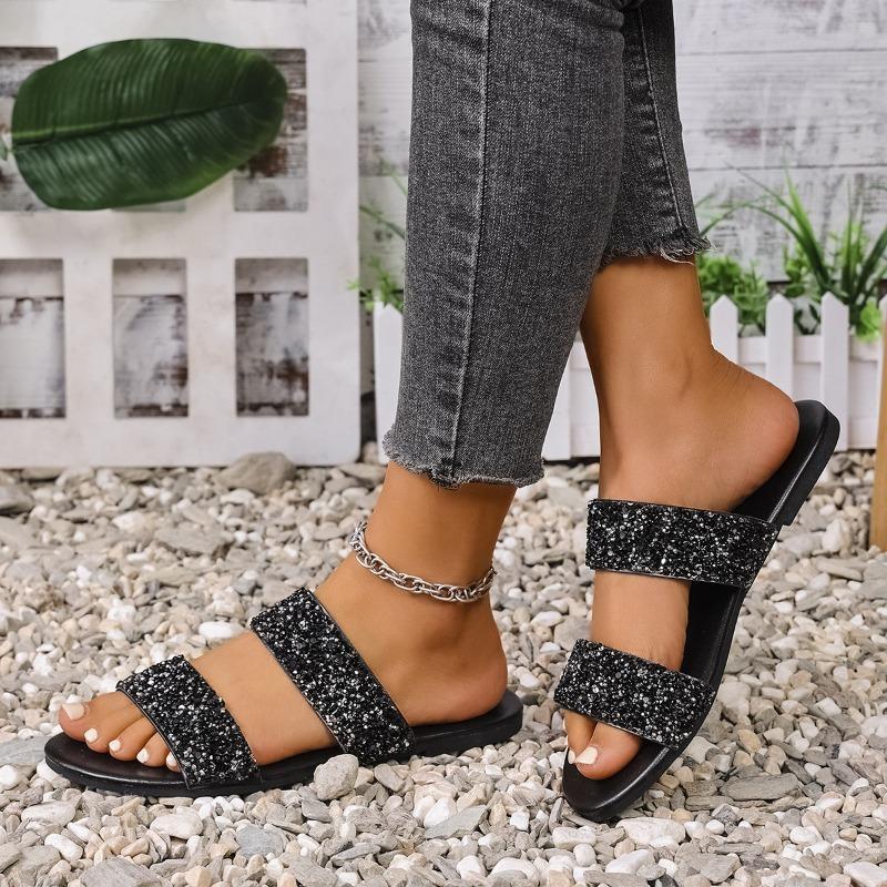 Flat Sequined Round Toe Women's Slippers Summer Casual Beach Slippers Women