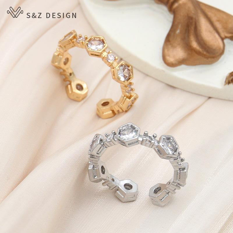 Fashion Hexagon Adjustable Cubic Zirconia Honeycomb Rings For Women Champagne Gold Color Trendy Jewelry Gift