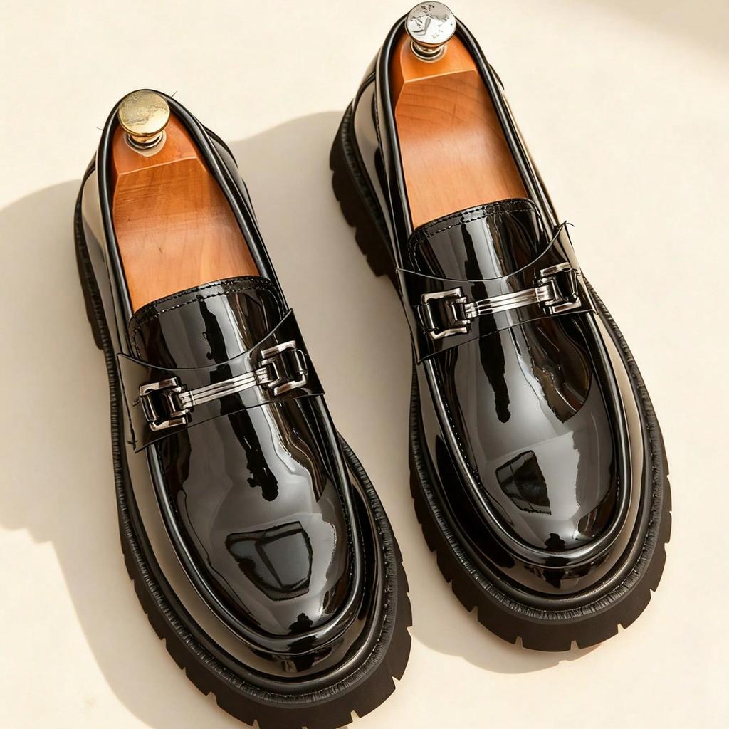 Fashion Classic Thick Sole Men's Penny Loafers Slip-On Business Dress Shoes for Gentleman Metal Buckle Formal Black Glossy Shoes