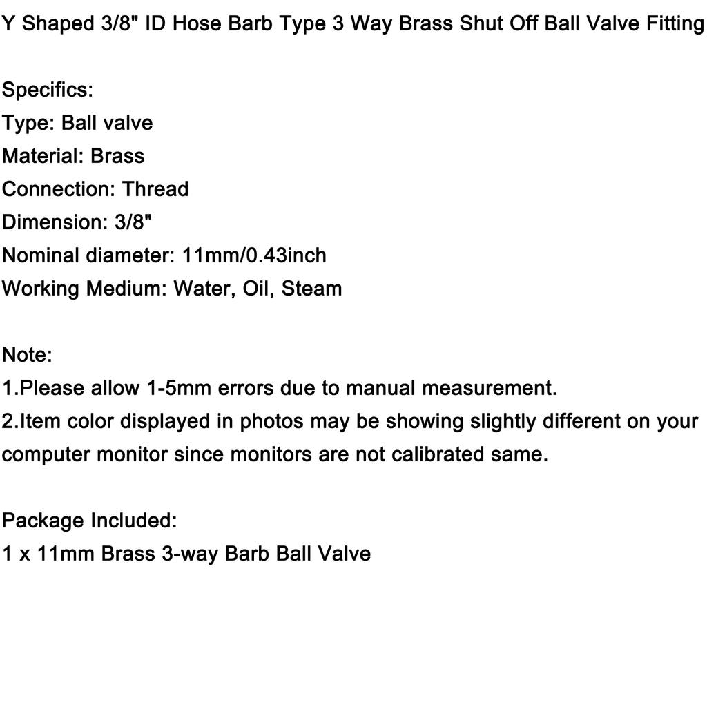3/8" Hose Barb Ball Valve Y Shaped 3 Way Connector Barb Brass Fitting OD 11mm