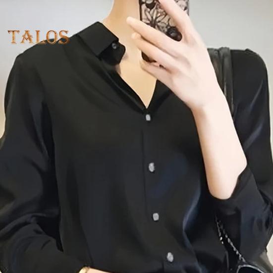 Women Shirt Lapel Long Sleeve Glossy Fabric Formal Shirt Top Buttons Closure Solid Color Smooth Business Date Shirt