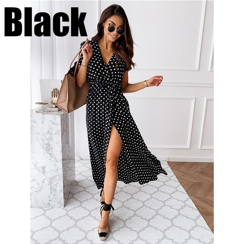 Short-sleeved V-neck Summer Fashion Sexy Casual Long Skirt Bohemian Polka-dot Print Dress EMA