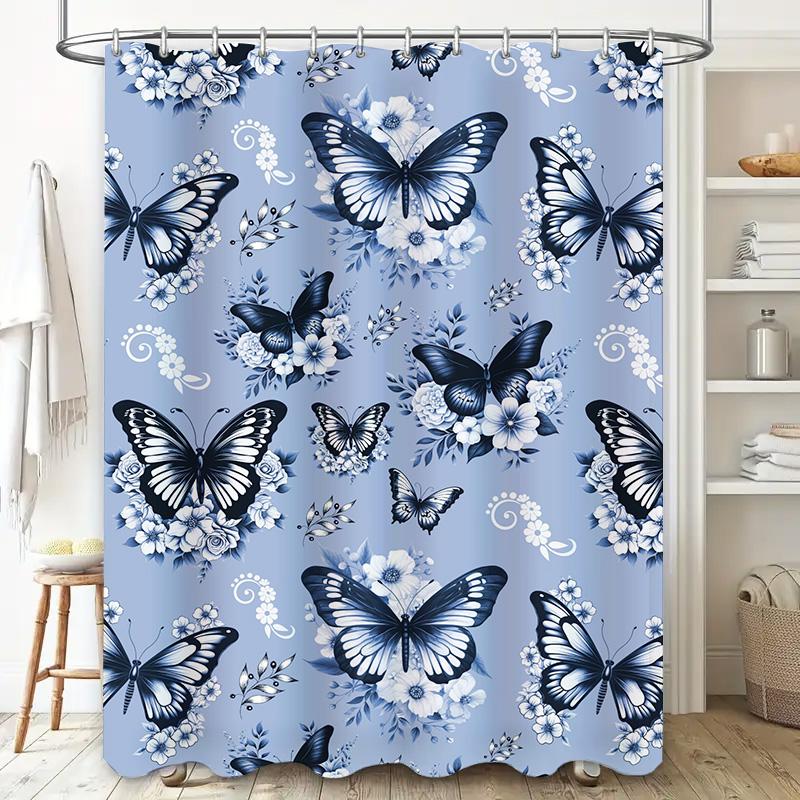 Classic Blue White Butterfly Bath Shower Curtain Set Decorative Shower curtain for Bathroom 3D Printed Waterproof Fabric Size:18