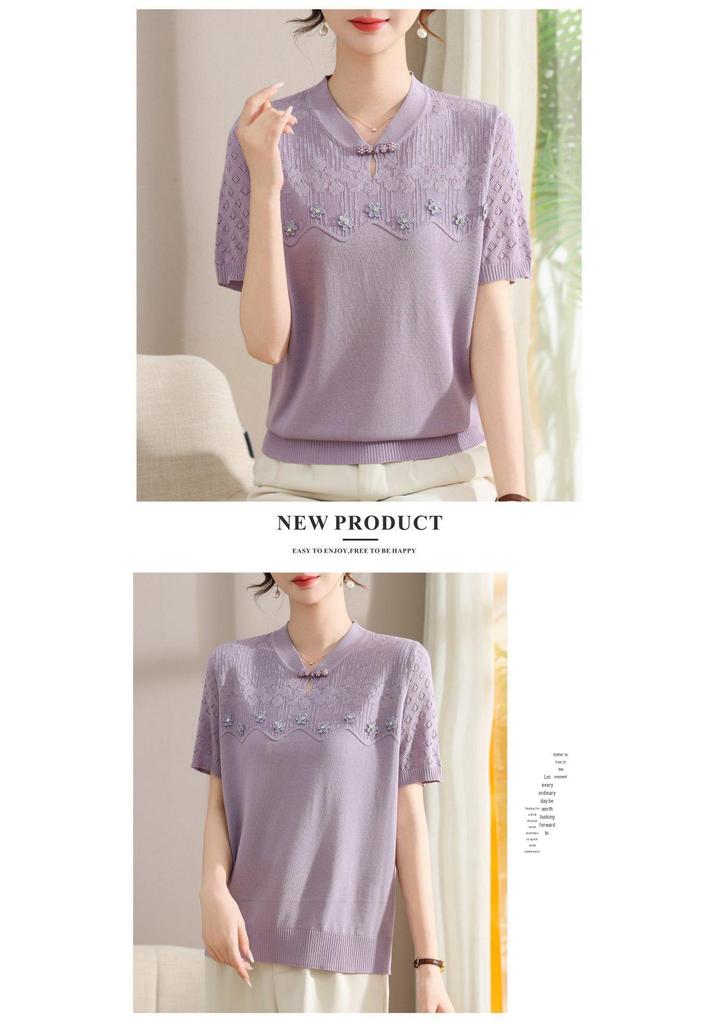 Chic Knitted Short Sleeve Summer Top for Women - Age-Defying Fashion for Middle-Aged and Elderly