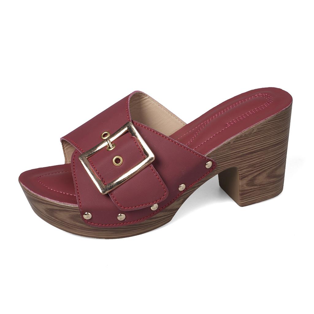 Large size thick high-heeled slippers women's summer new European and American style rivets wood grain Zhuotian popular sandals women