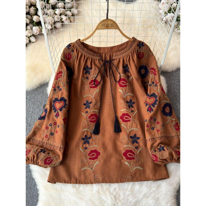 Retro Machine Embroidery Tops Women's 2024 Spring & Fall New V-neck Loose Slimming Lantern Sleeves Ethnic Style Shirt Fashion