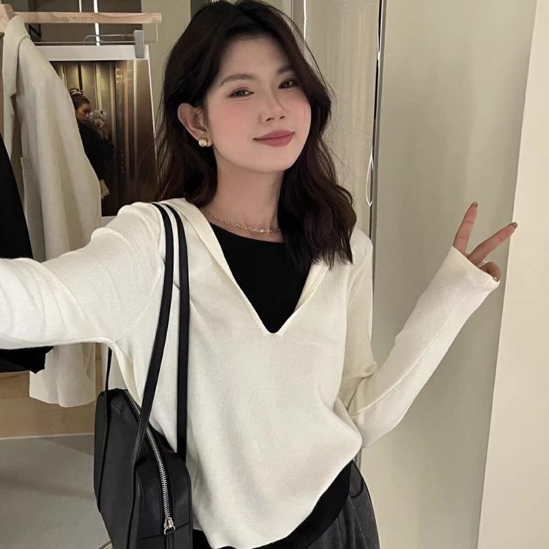 Nuovo Maglione Base Lavorato a Maglia Finto Due Pezzi con Cappuccio da Donna Autunnale e Invernale Snellente e Aderente Top Corto