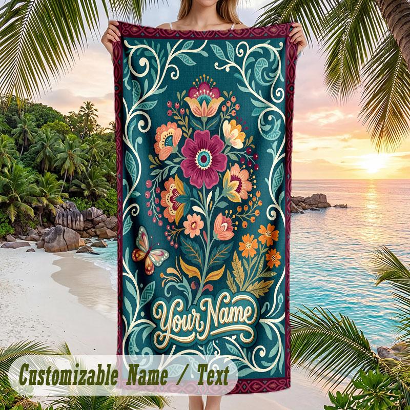 Floral Art Card 5 Theme Quick Dry Beach Towel Custom Name Text Print Large Sand Resistant Towel Beach Vacation