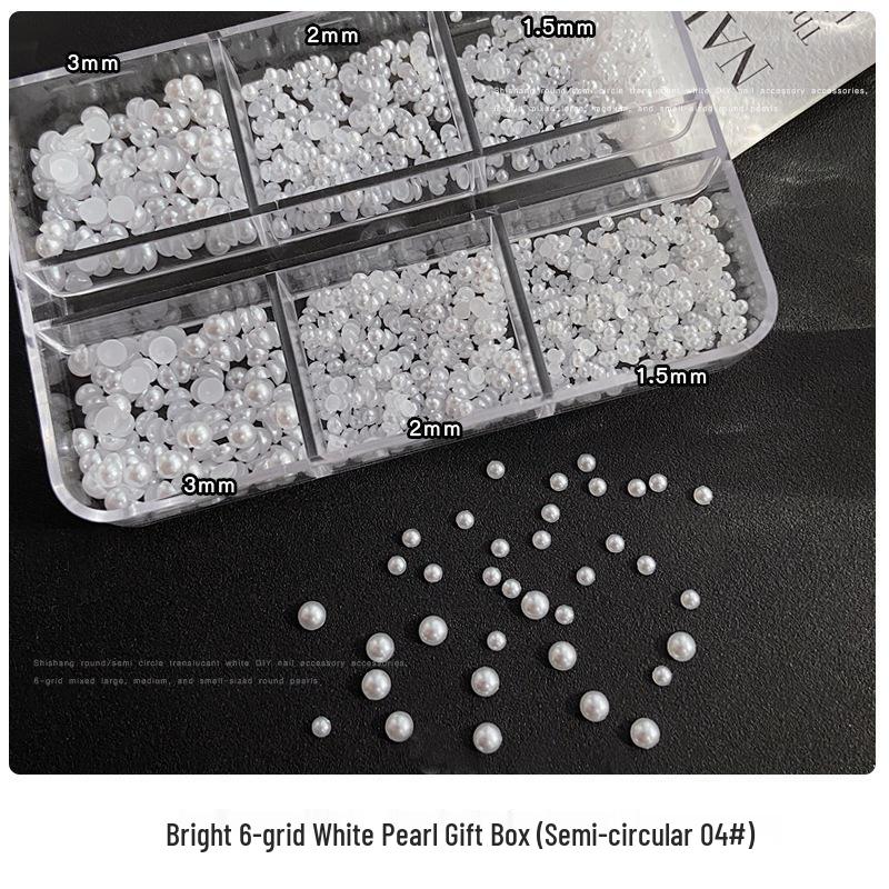 Bright Pearl Nail Art Set: White Flat-Bottom Half-Round Pearls In Mixed Sizes