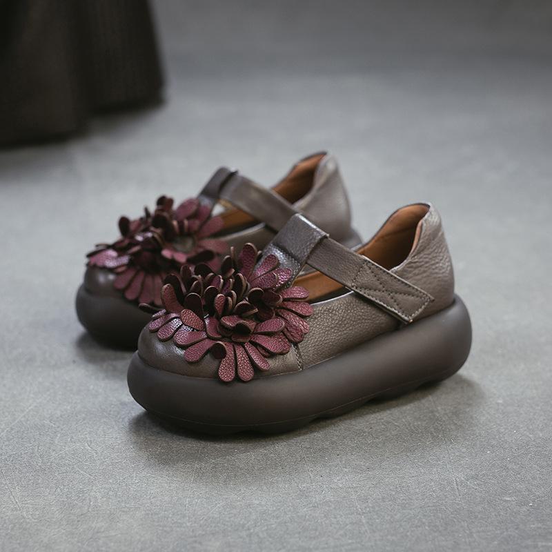 Johnature Ethnic Style Flower Thick Soled Sandals Genuine Leather Versatile Women's Platform Shoes