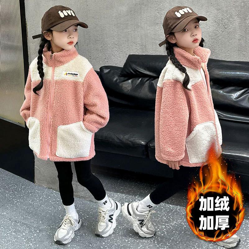 Girls LambWool Warm Jackets Autumn Winter Kids Plus Velvet Coats New Teenager Fashion Padded Outerwear Children Clothing