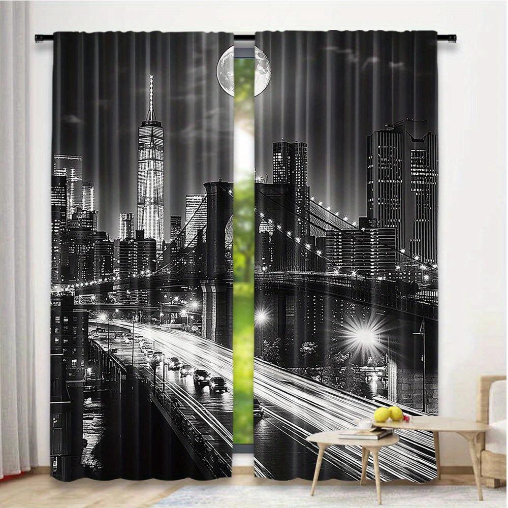2pcs New York City Night Scene Printed Curtains, Pole Bag Curtains, Bedroom and Living Room, Home Decoration, Room Decoration
