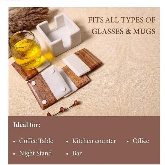 Marble Coasters Set of 4 with Holder, Wood, Dining Table Coasters for Hot Pots Tea Coffee Mugs Table Coasters Decorative Items for Home Decor